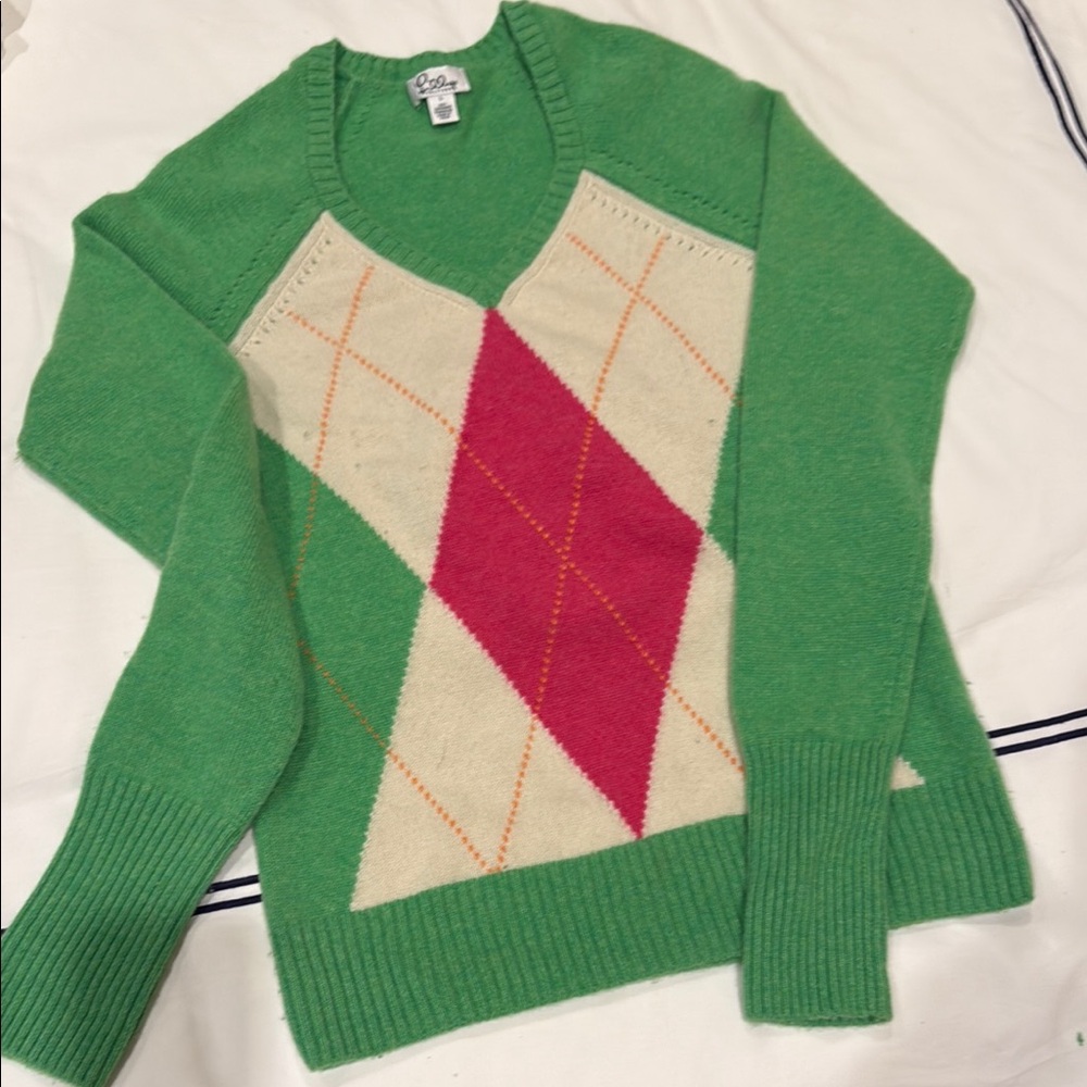 Lilly Pulitzer Cashmere Green and Pink V-Neck Argyle Sweater - great condition